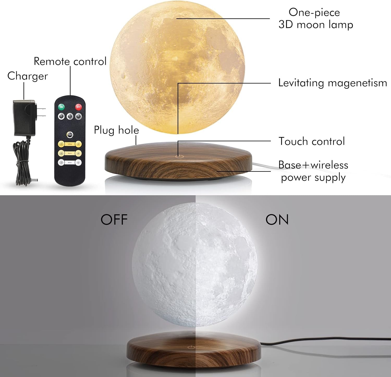 Levitating Moon Lamp 3D Printing LED Magnetic Floating Moon Light with 3 Colors Modes, Spinning in Air Freely and Best Birthday Gifts, Night Light for Home Office, Room Decor (3 Colors)